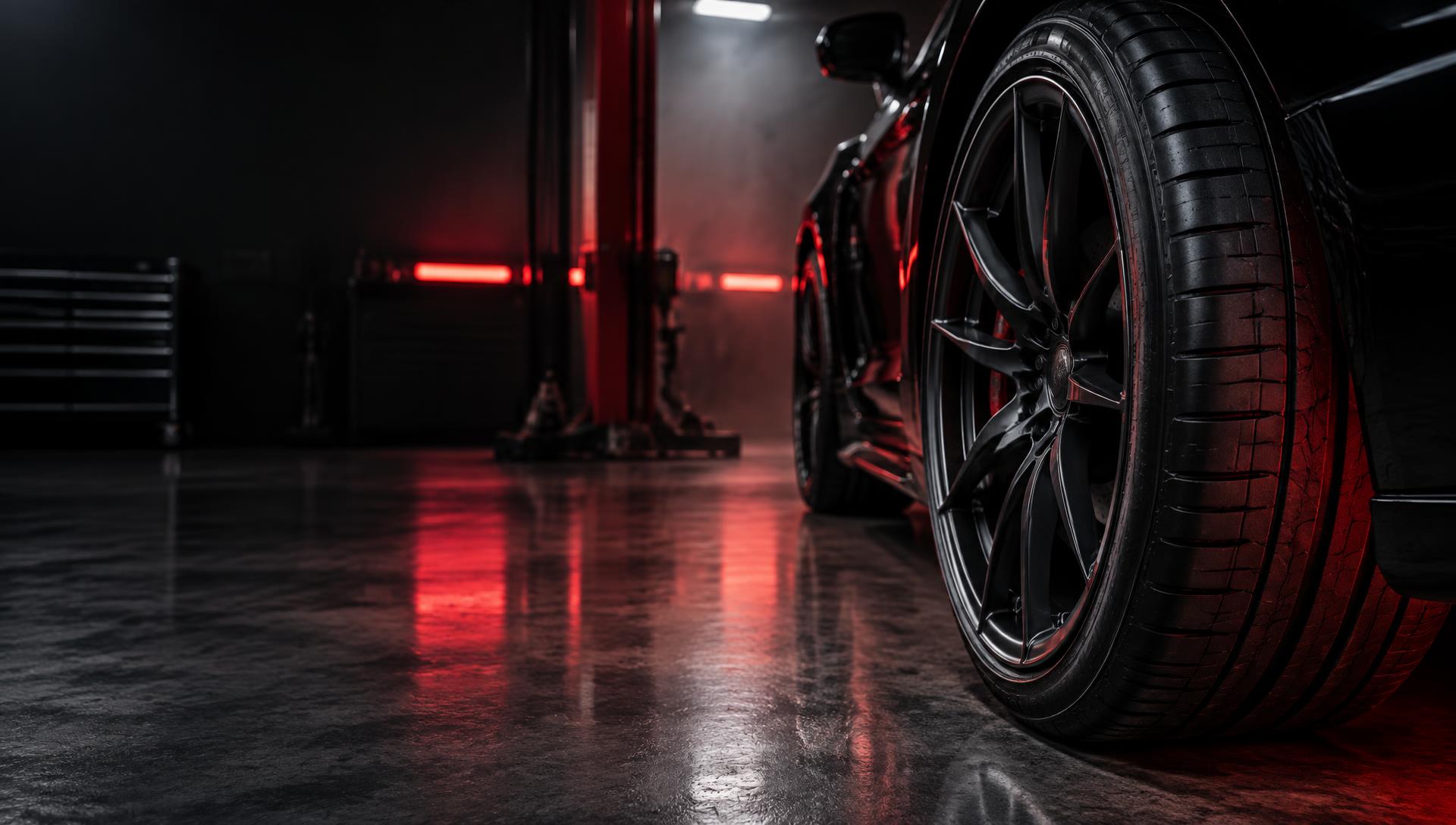 Performance tire in a professional automotive shop